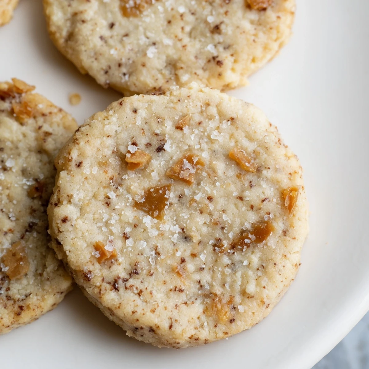 Warm espresso shortbread cookies with toffee chunks arranged beside a steaming coffee mug