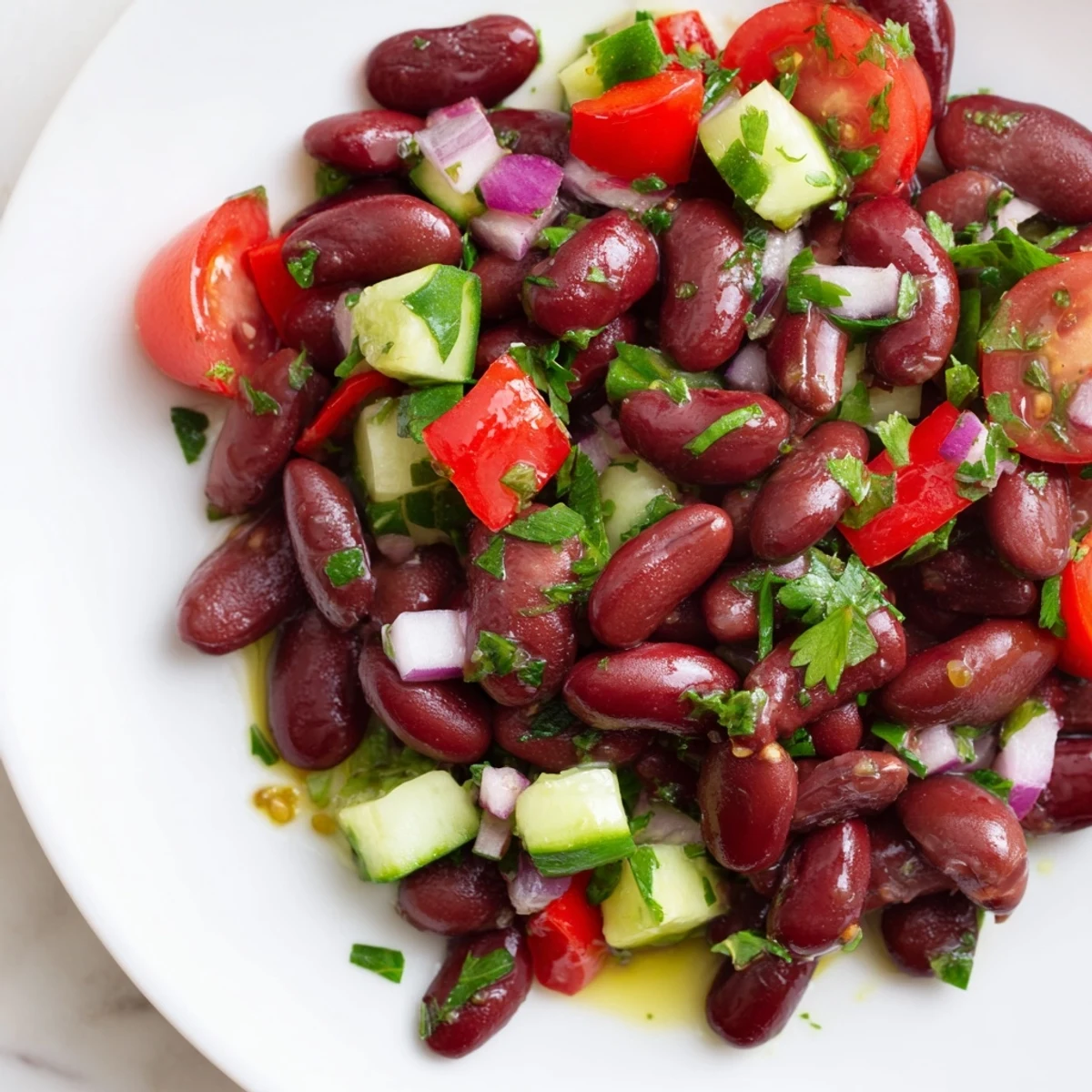 Bright kidney bean salad topped with cherry tomatoes, red onion, and fresh parsley garnish