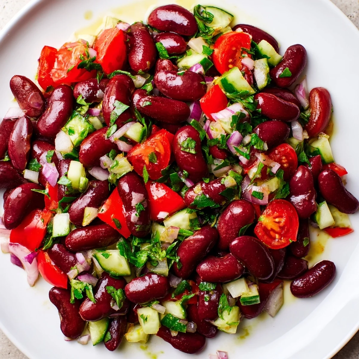 Hearty kidney bean salad served in a white bowl with diced cucumber and glossy dressing