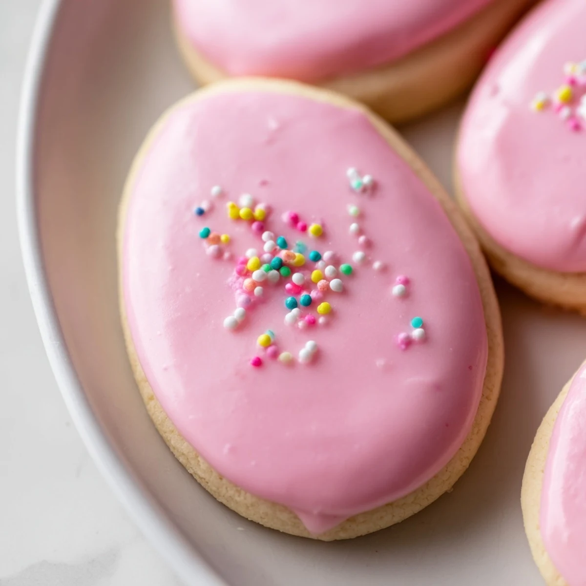 Spring Easter cookies decorated with pastel pink icing and colorful sprinkles on a white plate