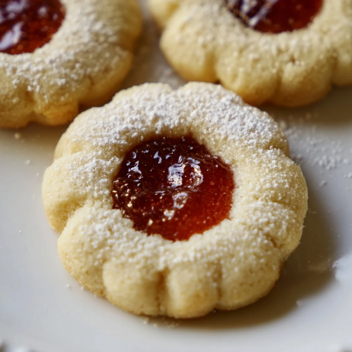 Golden flower jam thumbprint cookies with sparkling jewel-like centers on a rustic baking sheet