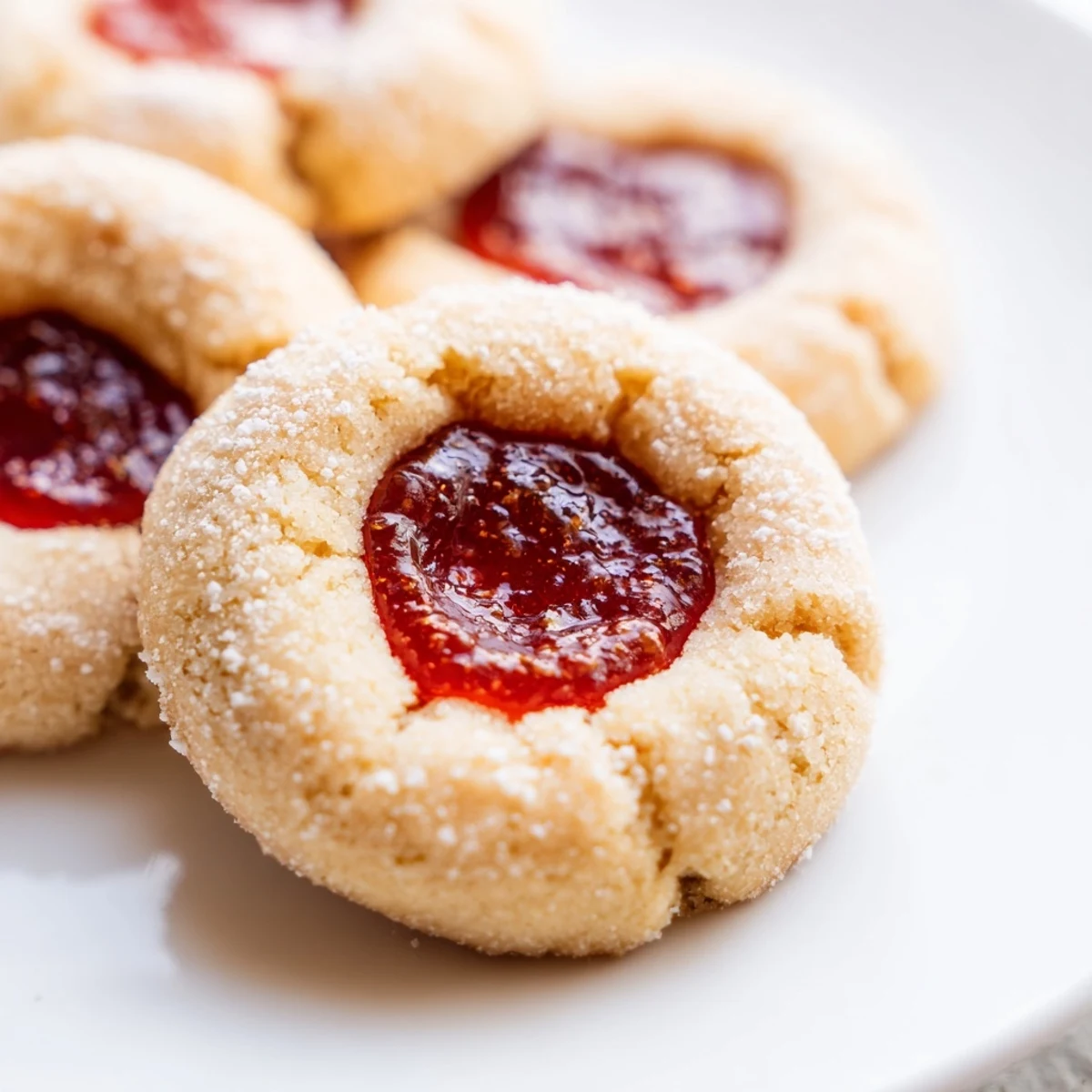 Buttery flower jam thumbprint cookies dusted with powdered sugar served beside a steaming herbal tea