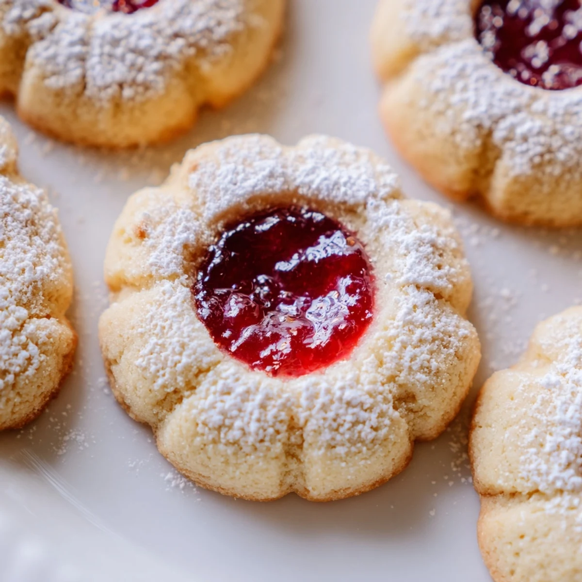 Close-up of flower jam thumbprint cookies showing golden edges and vibrant rose-colored jam filling
