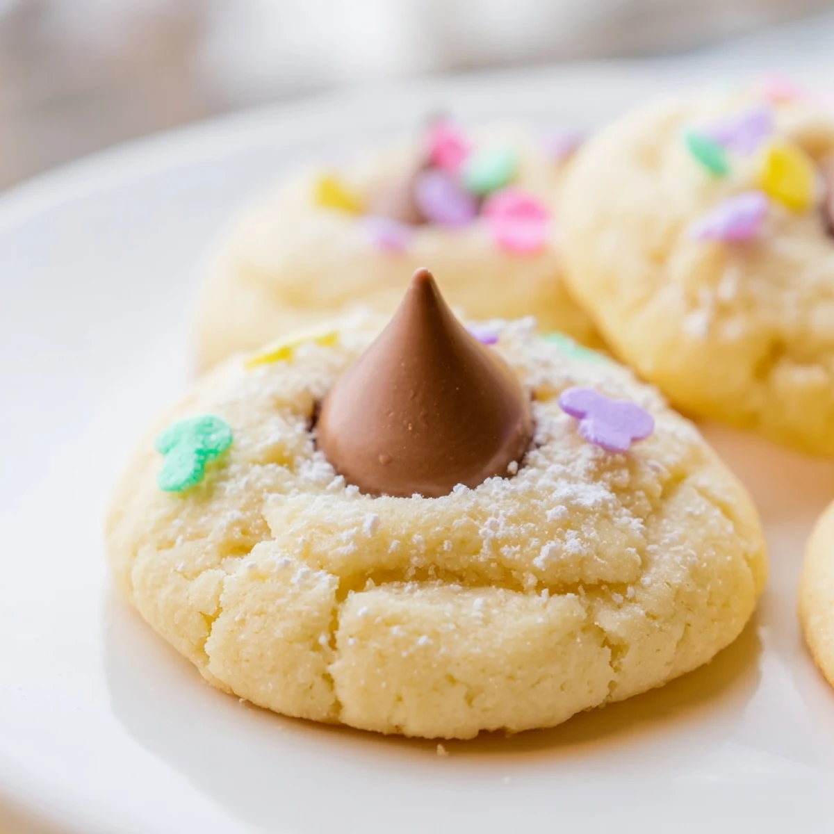 Soft Easter Blossom Cookies topped with colorful chocolate kisses and pastel sprinkles on a rustic baking sheet.