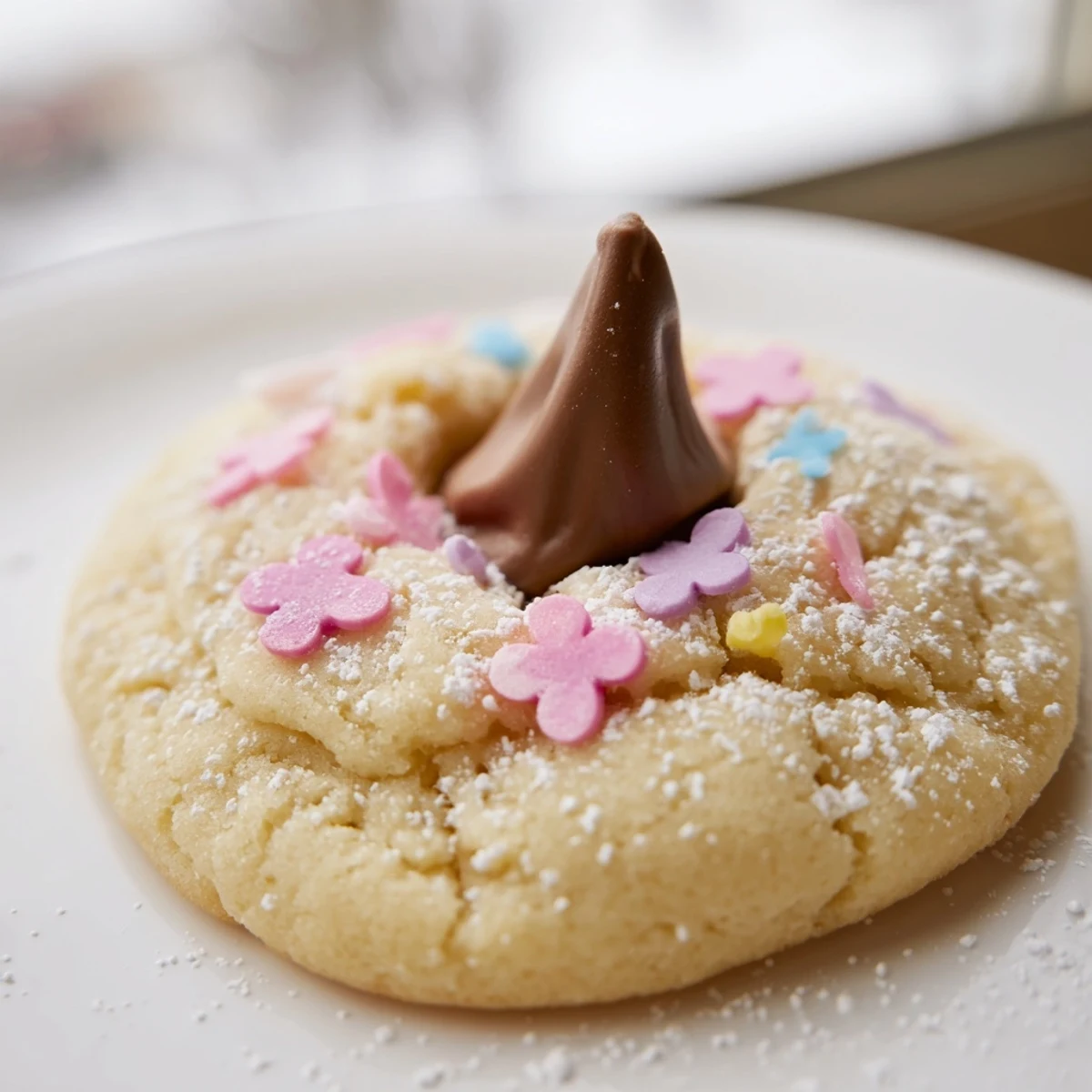 Golden Easter Blossom Cookies with melty chocolate centers and festive spring-colored sugar coating arranged for serving.