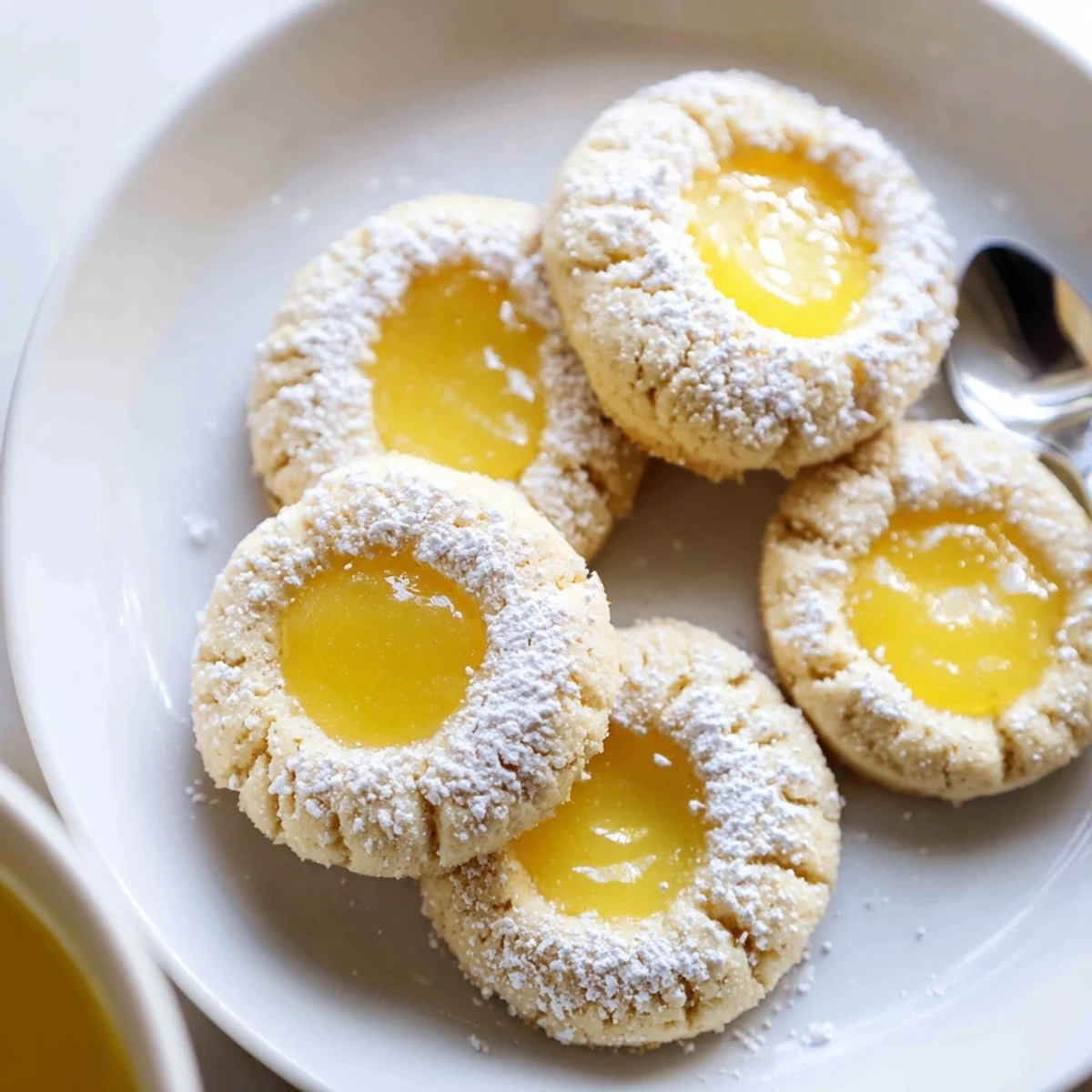 Golden lemon curd cookies with bright jammy centers dusted in powdered sugar