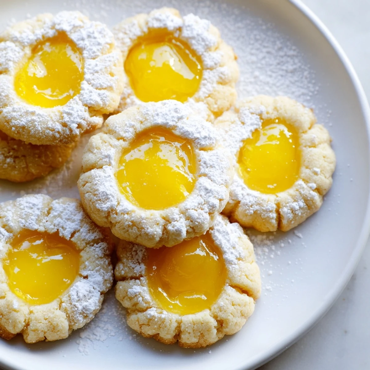 Thumbprint lemon curd cookies with glistening tangy filling and golden edges