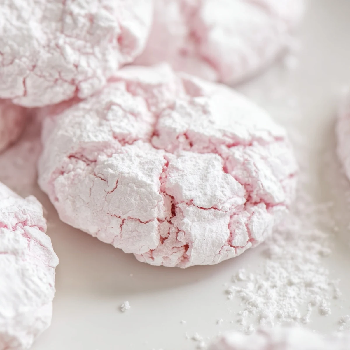 Soft pastel crinkle cookies with snowy powdered sugar coating on rustic white baking sheet