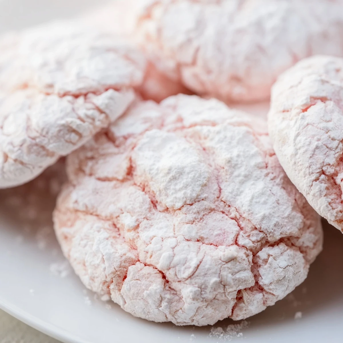 Chewy pastel crinkle cookies showing beautiful cracked tops dusted with sweet powdered sugar