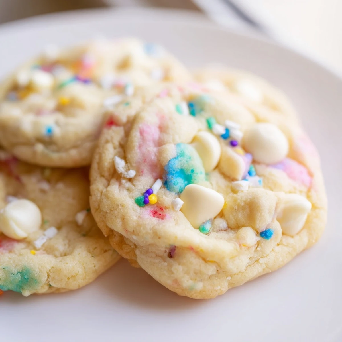 Soft pastel white chocolate cookies with creamy chips and colorful sprinkles on rustic baking sheet