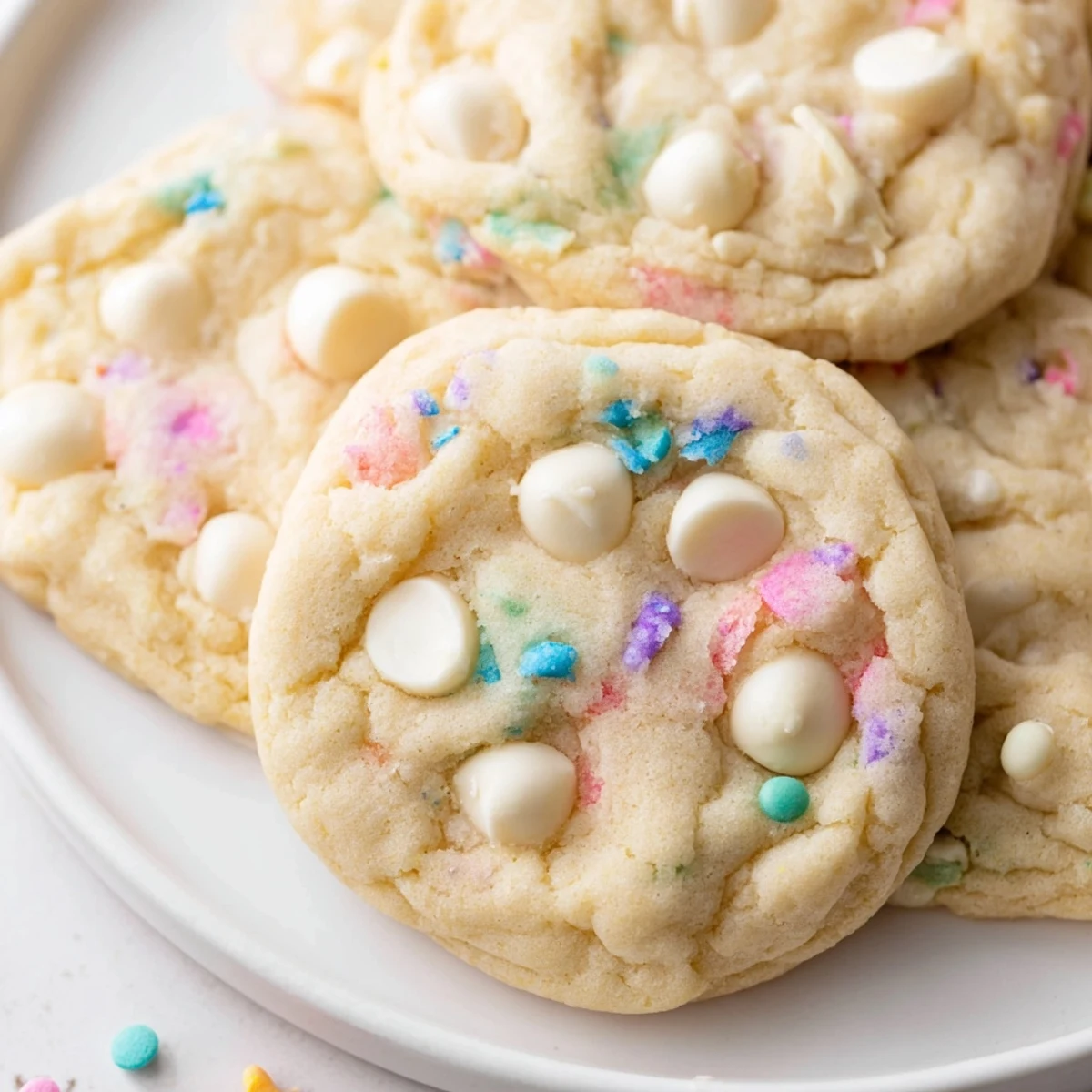 Chewy pastel white chocolate cookies stacked on plate showing golden edges and melty chips