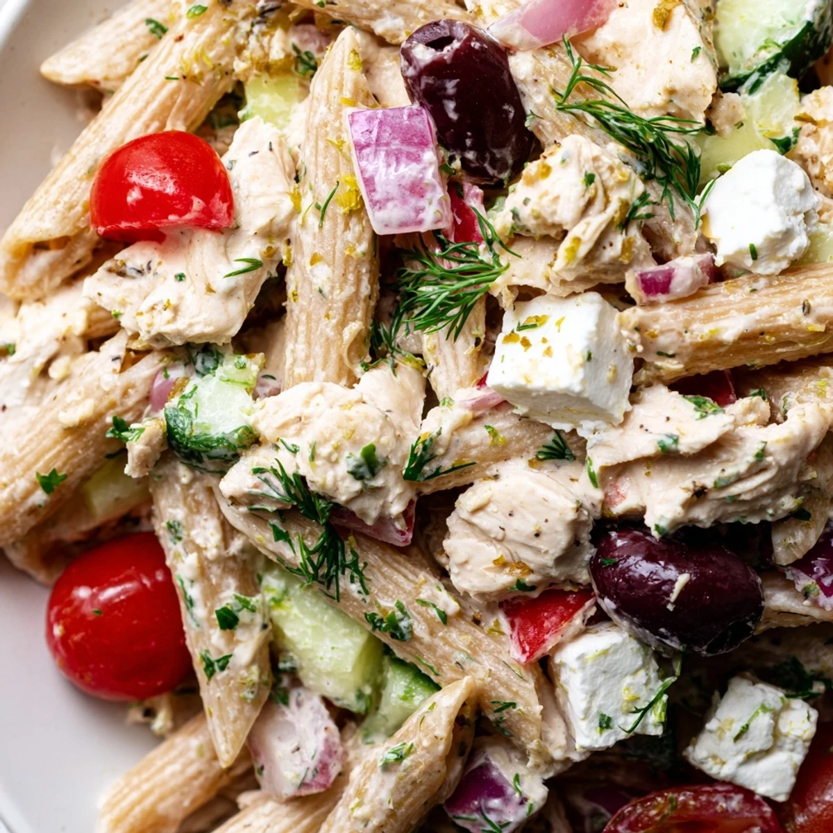 Colorful High Protein Greek Pasta Salad loaded with crisp vegetables, feta, and tender chicken pieces