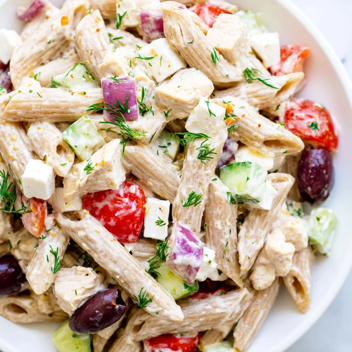 High Protein Greek Pasta Salad in a bowl with creamy dressing and fresh Mediterranean vegetables