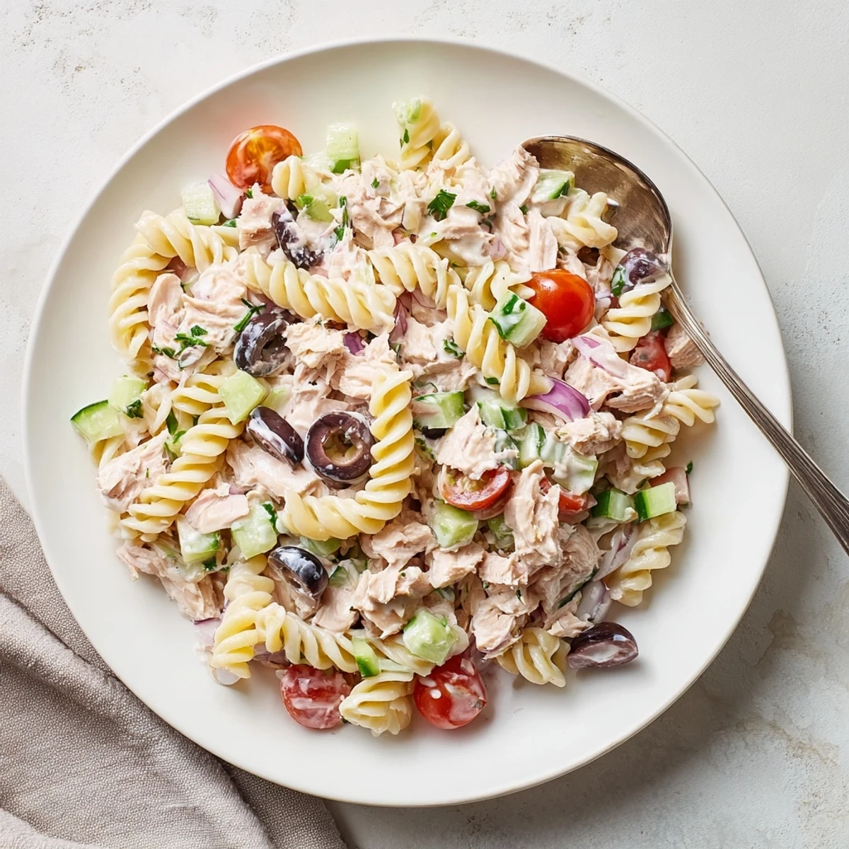 Creamy tuna pasta salad loaded with crisp vegetables in a bowl on a rustic table