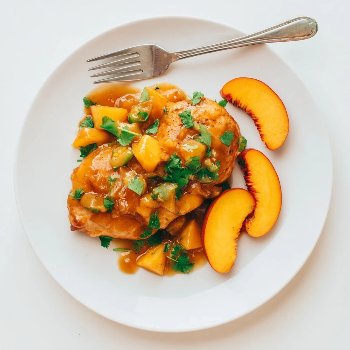 Golden seared Jalapeno Peach Chicken glazed with glossy sweet-spicy peach sauce and fresh herbs