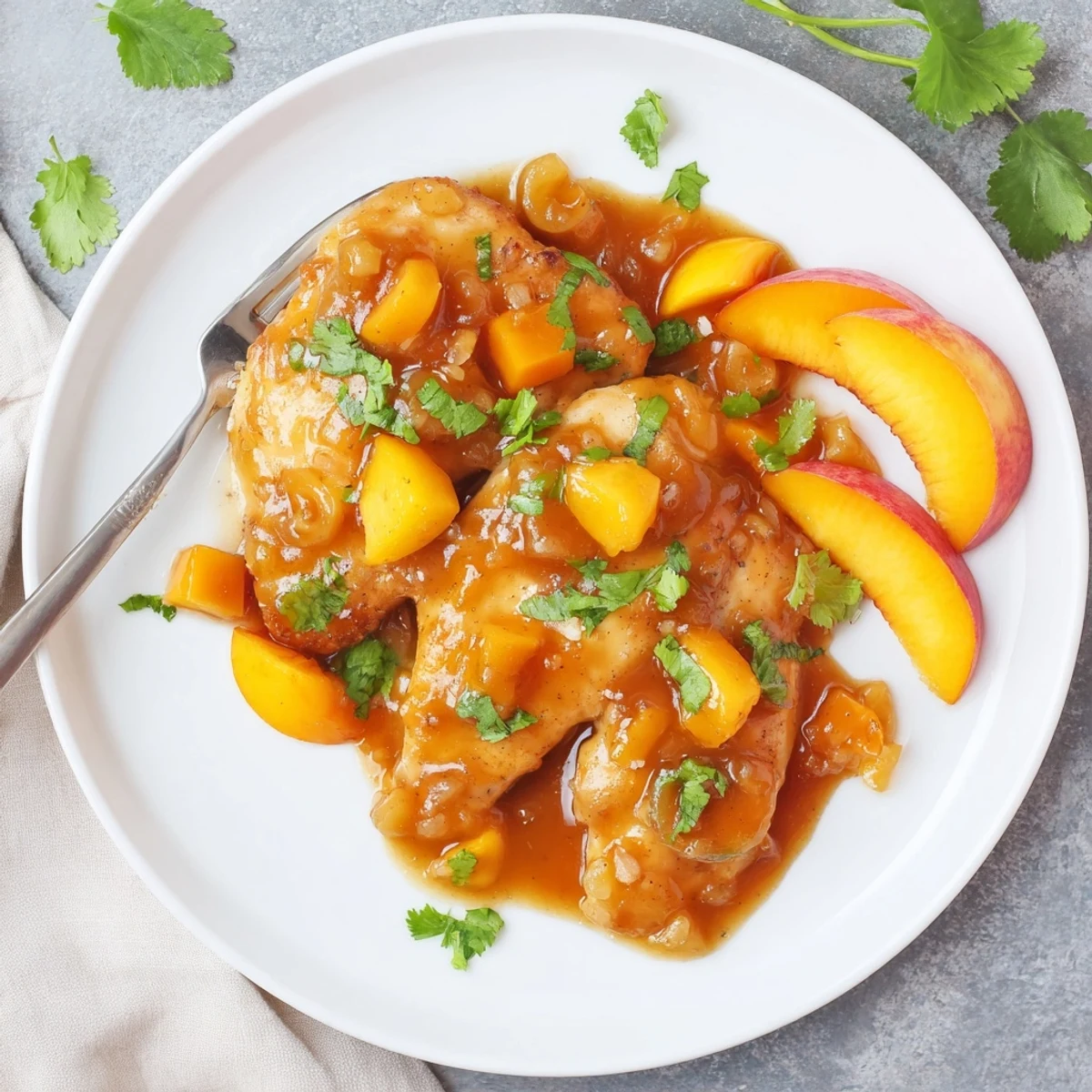 Juicy Jalapeno Peach Chicken breasts topped with caramelized peach slices and vibrant green cilantro garnish