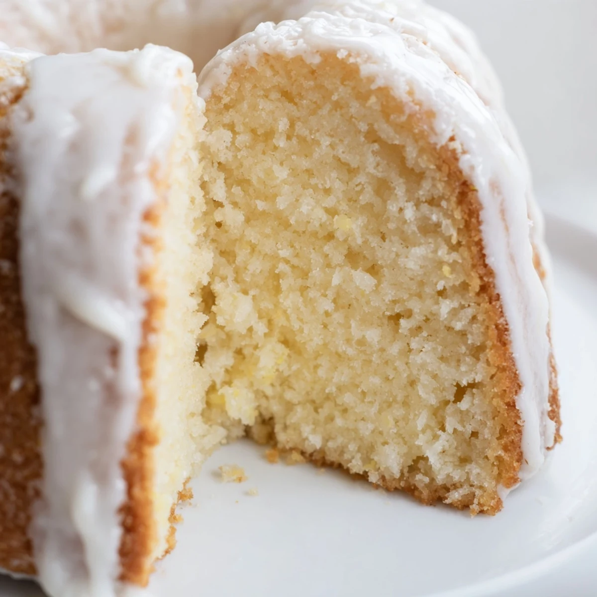 Golden church cake with vanilla glaze drizzled over a moist tender sponge ready for sharing