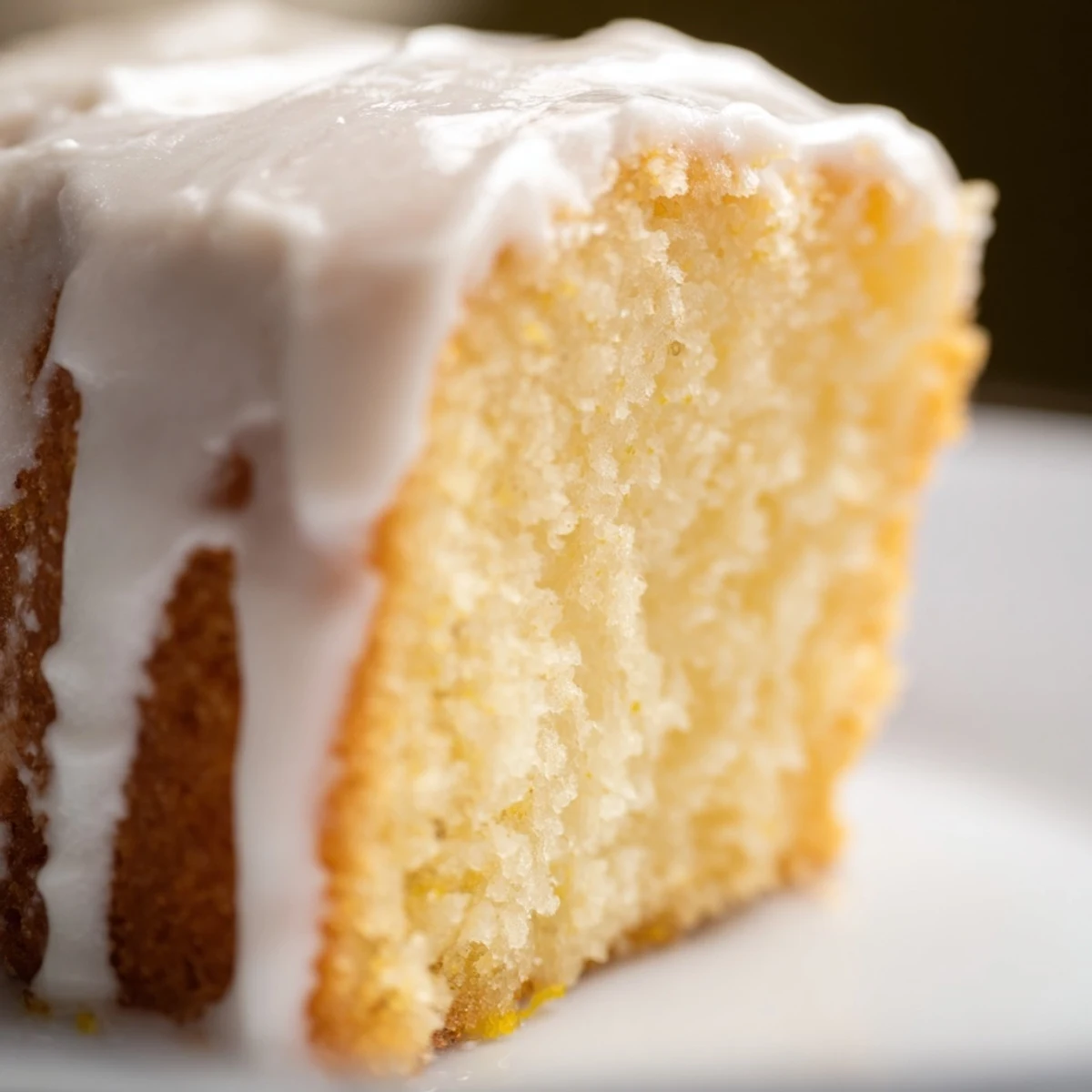Slice of moist church cake topped with sweet powdered sugar glaze on a decorative plate