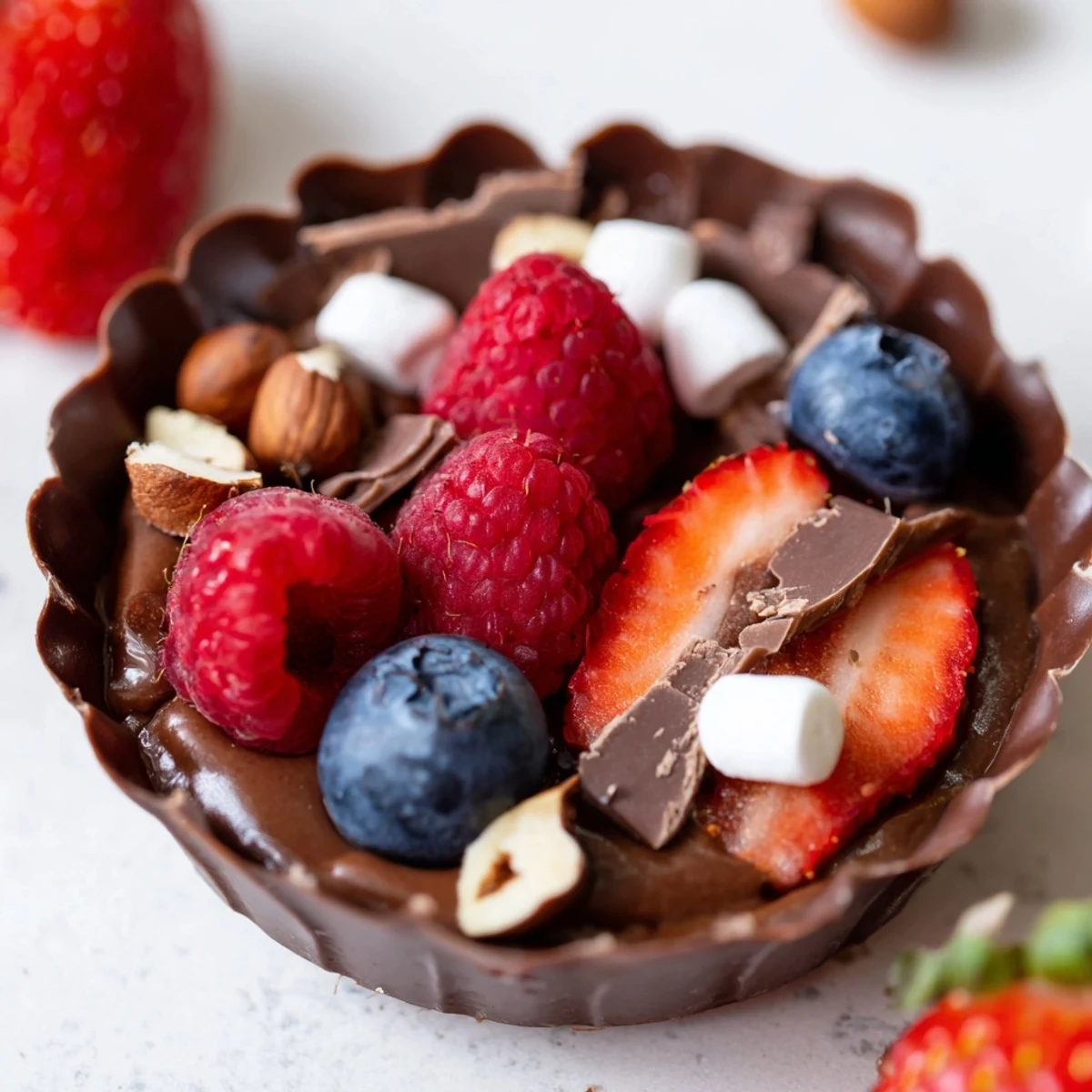 Decadent chocolate grazing cups filled with silky mousse and topped with fresh berries and nuts