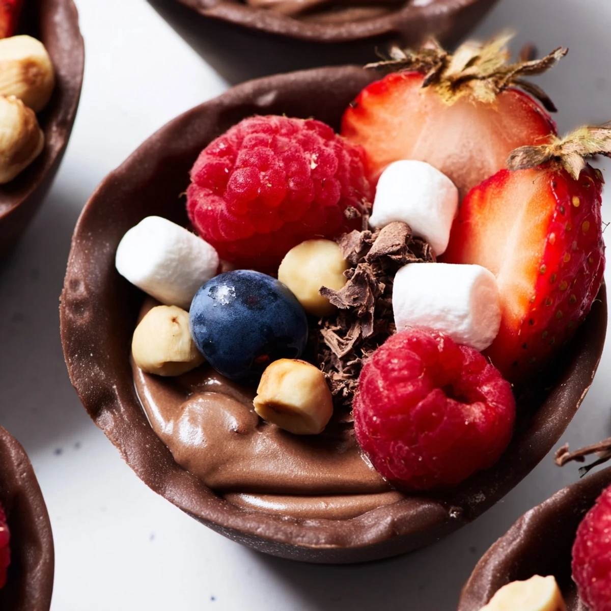 Rich chocolate grazing cups elegantly arranged with fluffy mousse, vibrant berries, and crunchy toppings