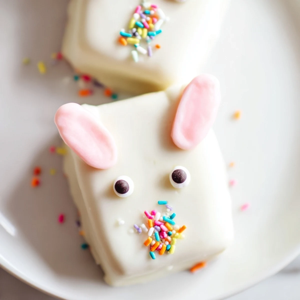 Adorable white chocolate bunny cakesicles decorated with candy eyes on a festive Easter dessert tray