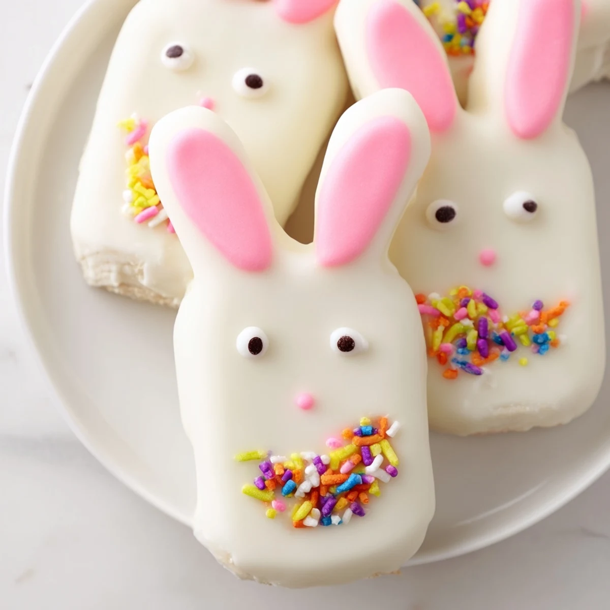 Creamy white chocolate bunny cakesicles with pink fondant ears and colorful sprinkles displayed beautifully