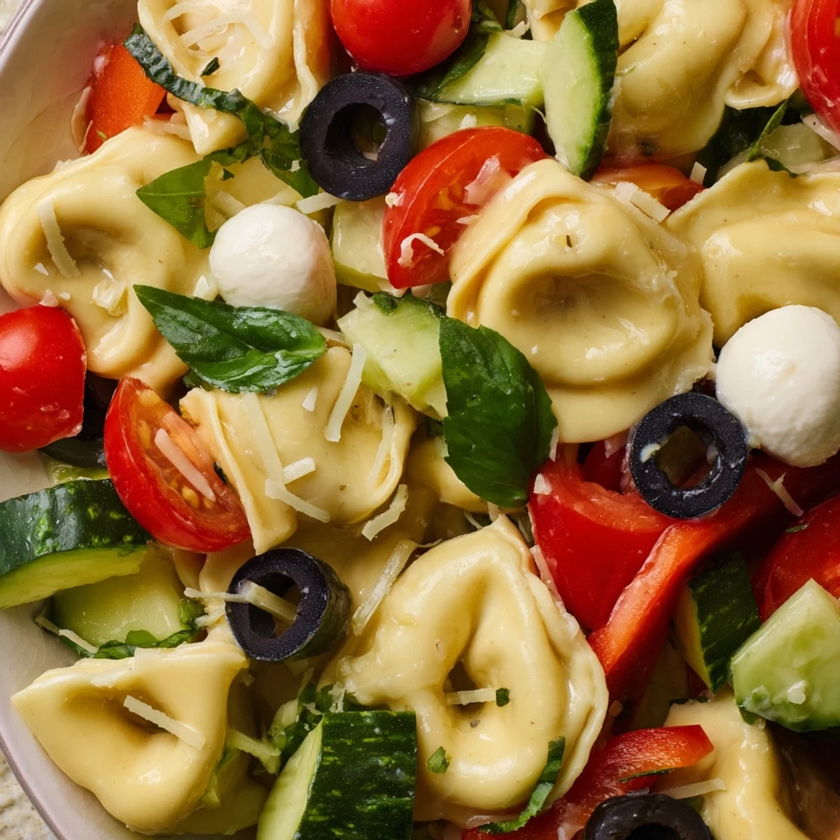 Colorful tortellini salad with cherry tomatoes, cucumber, and zesty Italian dressing in a white serving bowl