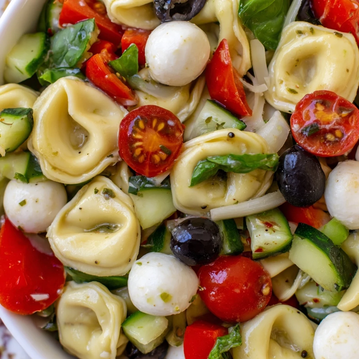 Cheese tortellini salad tossed with crisp vegetables, mozzarella, and herbs in a tangy vinaigrette