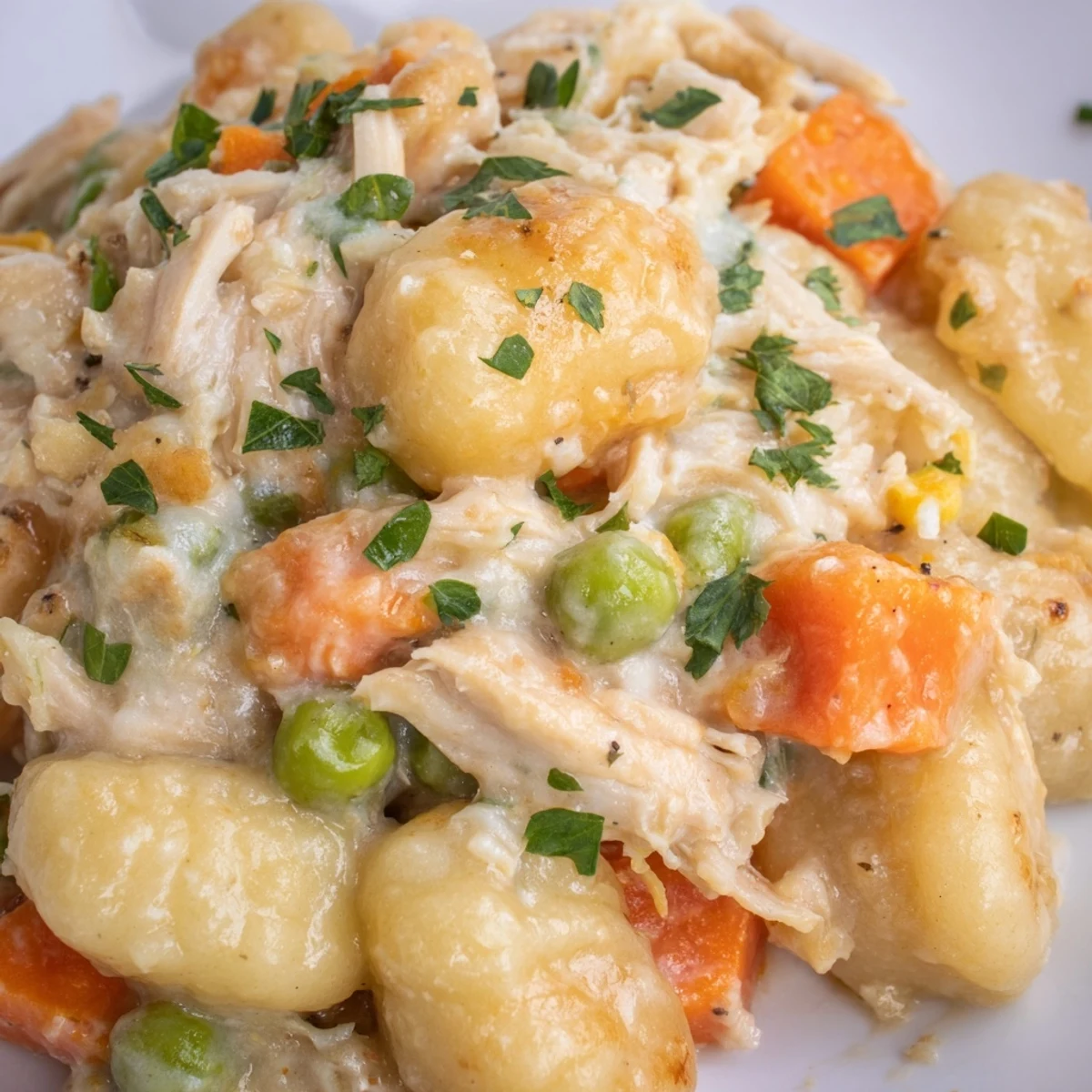Creamy one pot gnocchi chicken pot pie with tender vegetables in a golden skillet