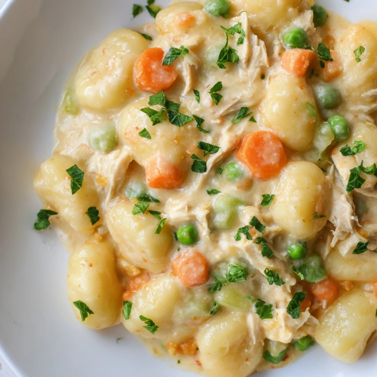 One pot gnocchi chicken pot pie topped with fresh parsley and melted Parmesan