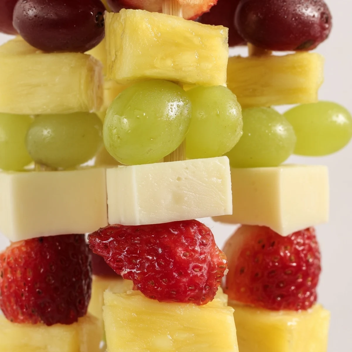 Colorful fruit and cheese kabobs arranged on platter with grapes strawberries pineapple and cheddar cubes