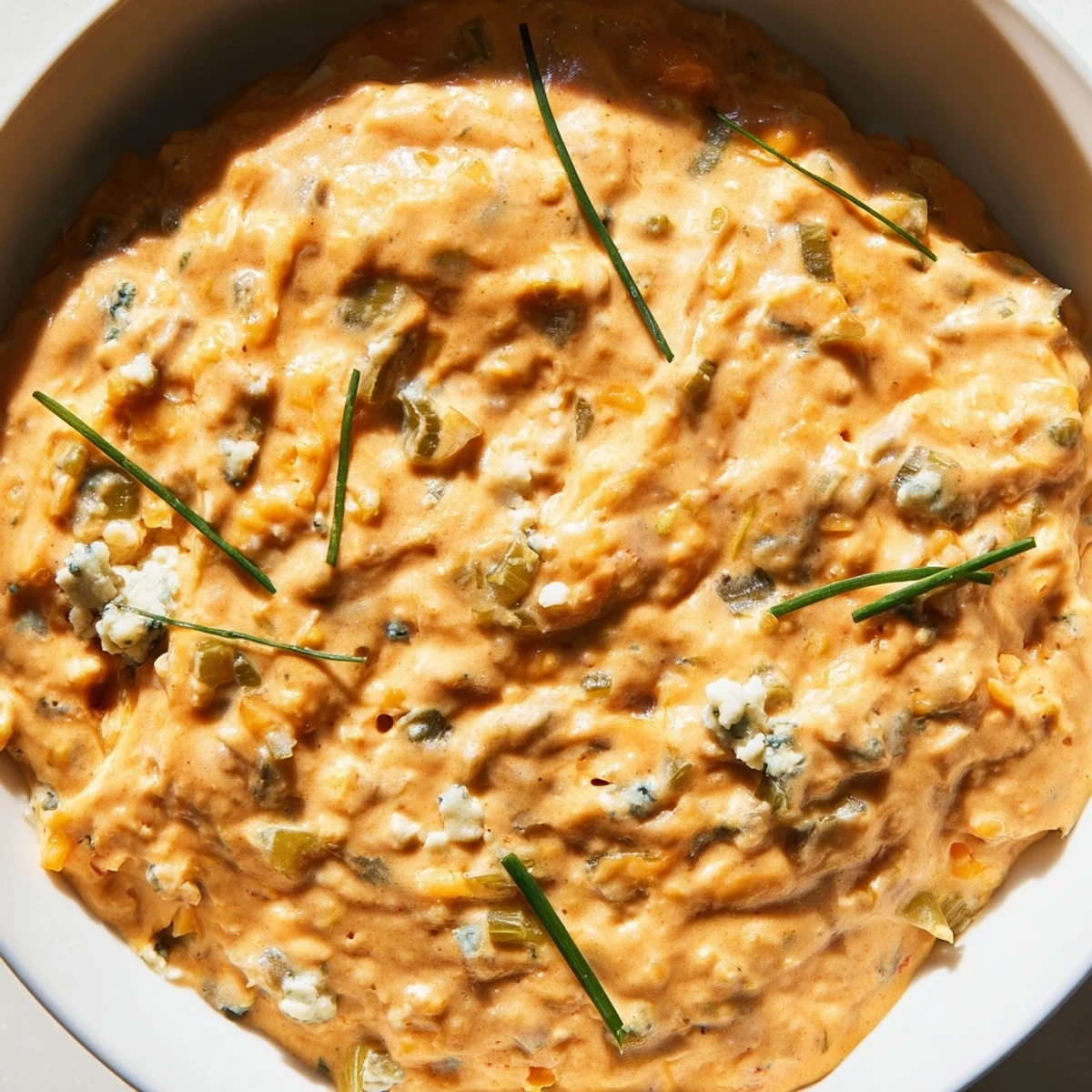 Tangy buffalo pickle dip topped with fresh chives and pickle slices on a rustic serving platter