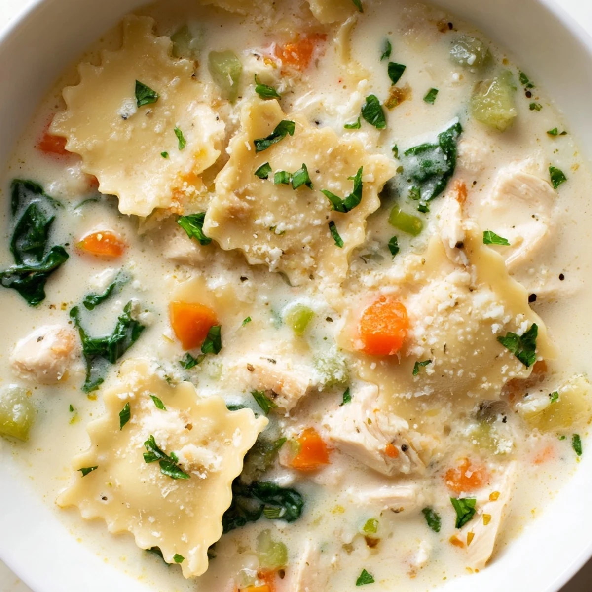 Creamy Italian white lasagna soup in a white bowl with broken noodles and tender chicken