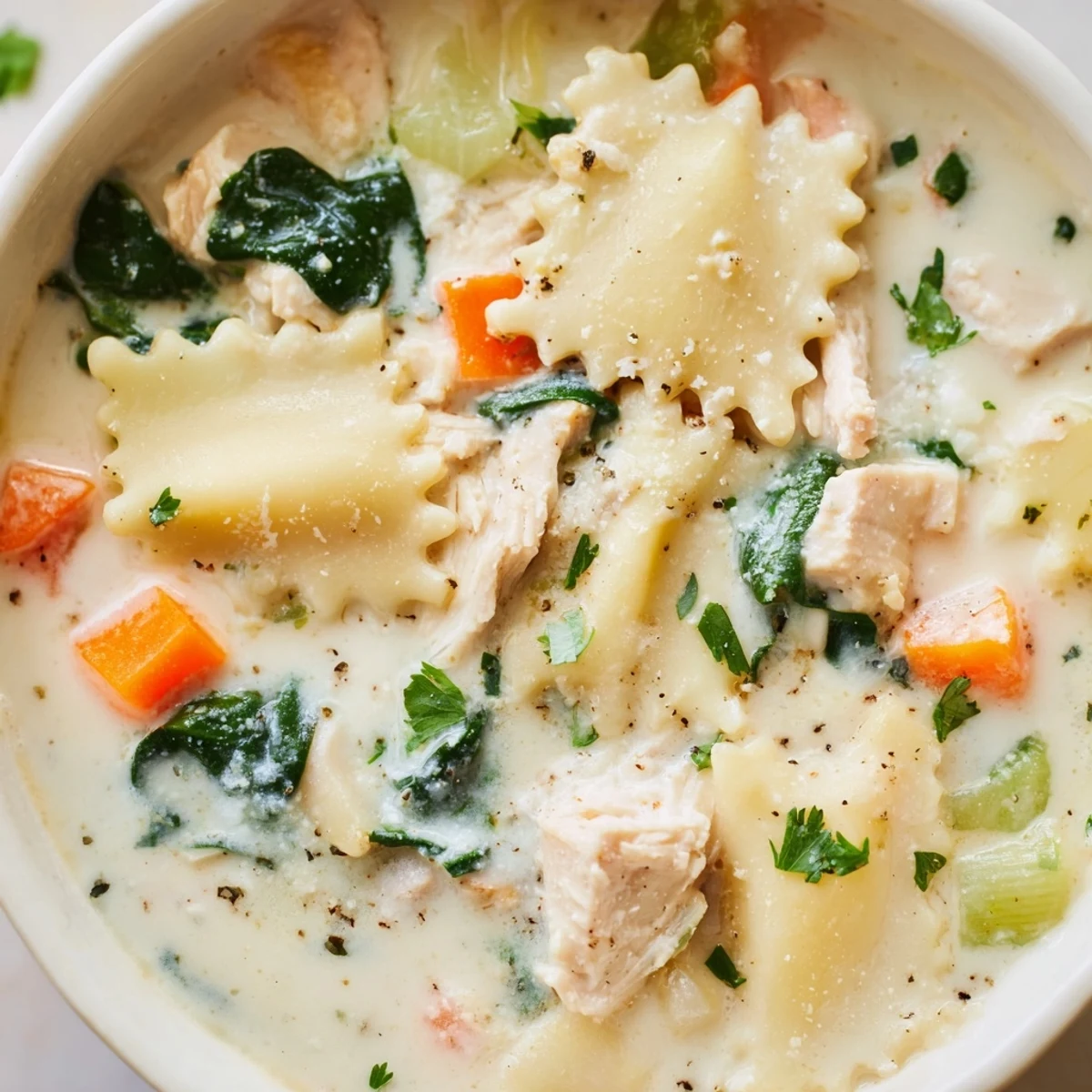 Steaming bowl of Italian white lasagna soup topped with melted mozzarella and fresh parsley