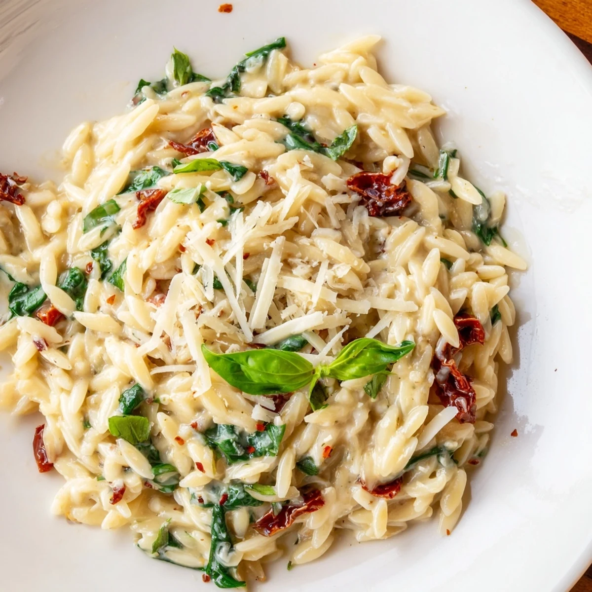 Creamy Tuscan orzo in a skillet with wilted spinach and sun-dried tomatoes throughout