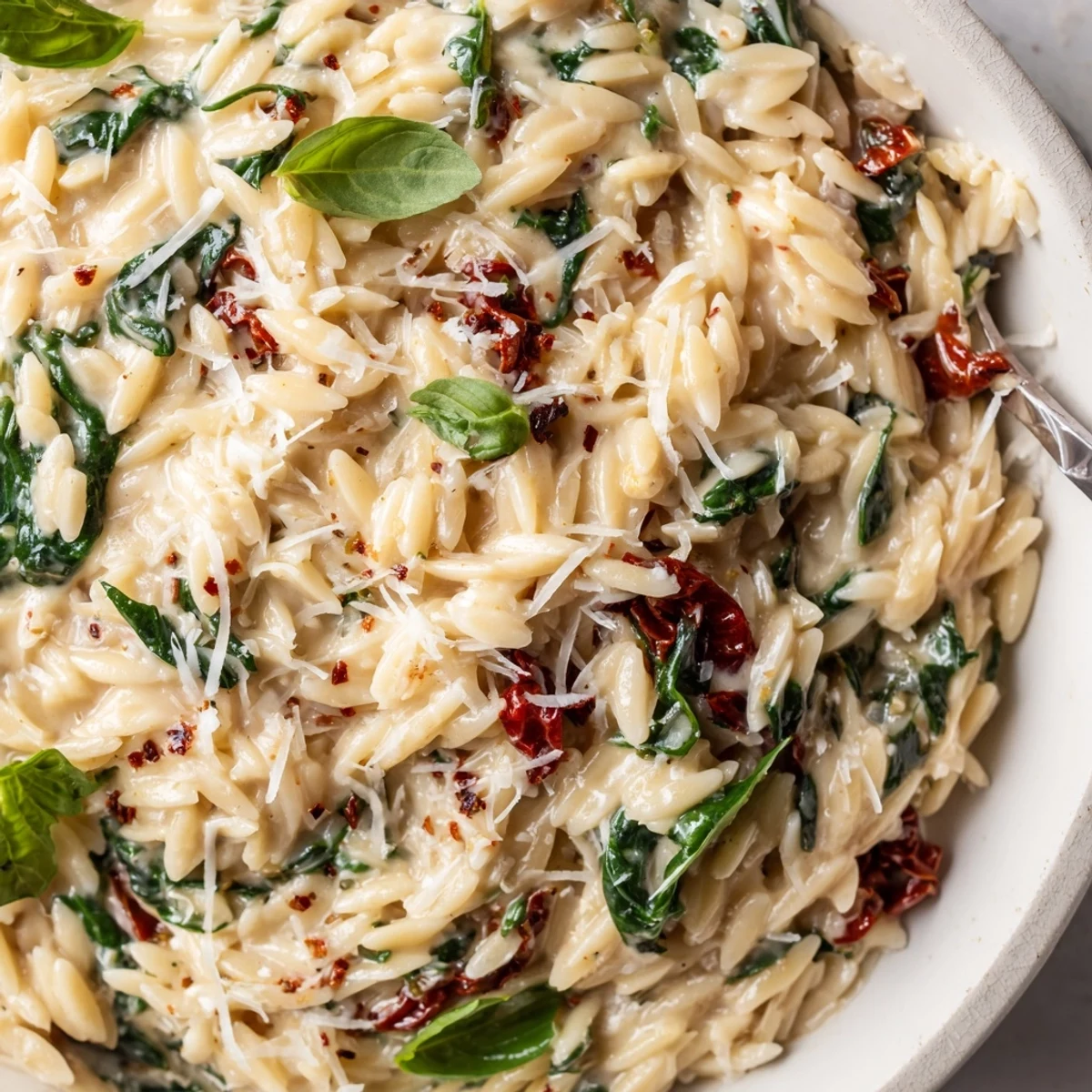Steaming bowl of Creamy Tuscan orzo topped with fresh basil and grated Parmesan