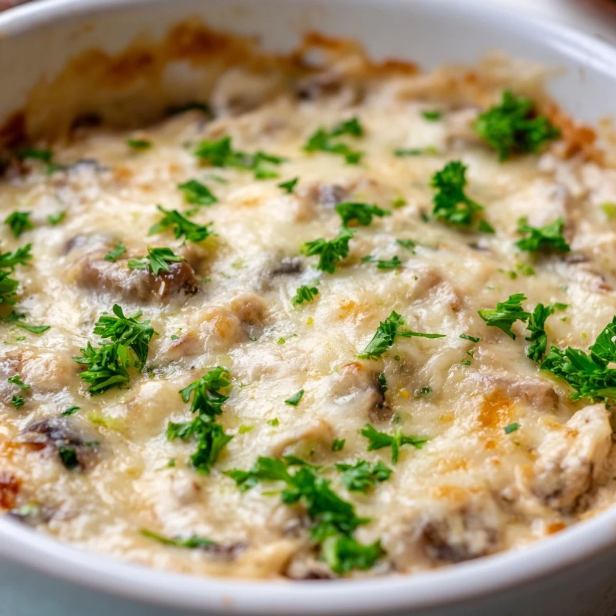 Creamy stuffed mushroom dip bubbling with melted mozzarella in a golden brown baking dish