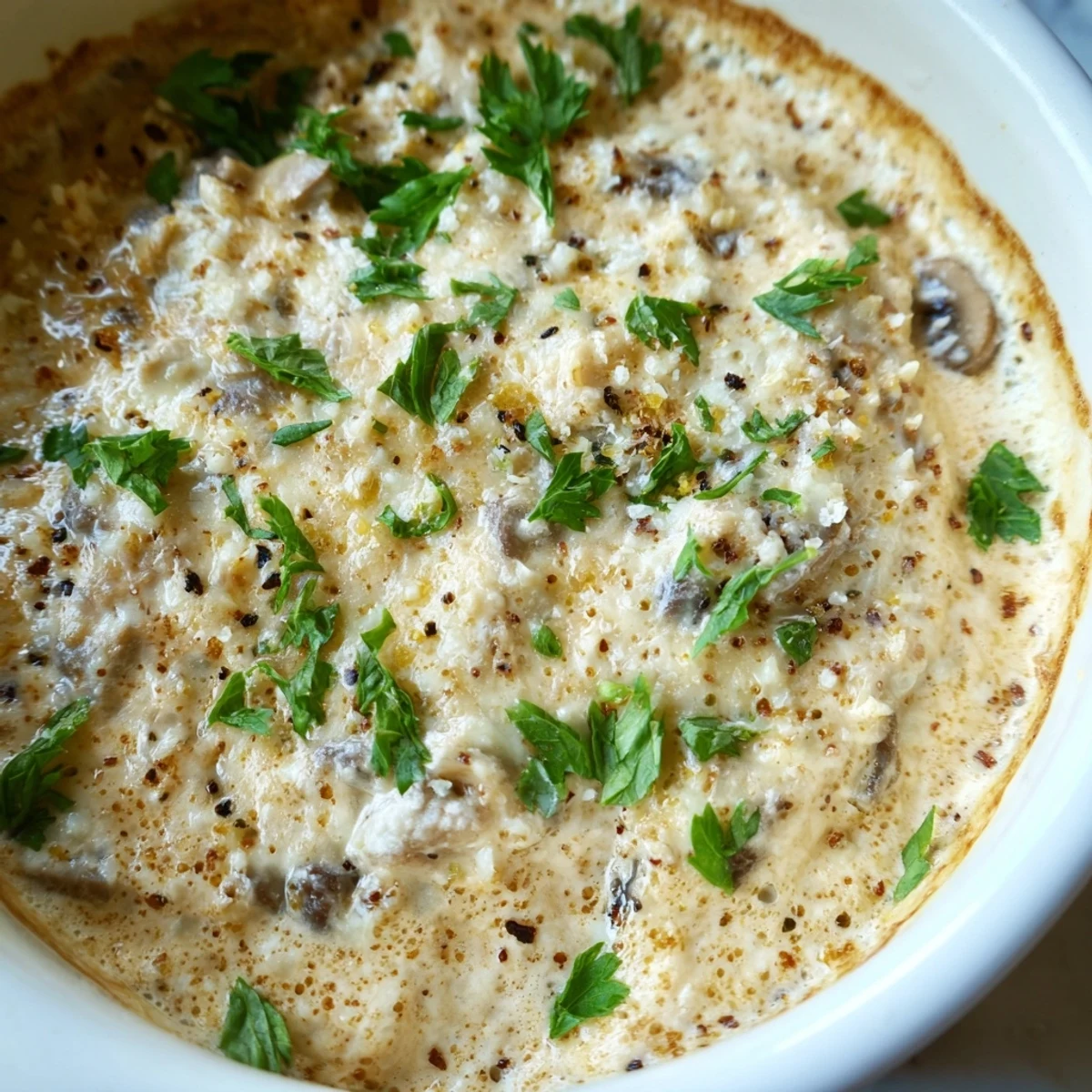 Warm stuffed mushroom dip served with crispy baguette slices and fresh vegetable crudites