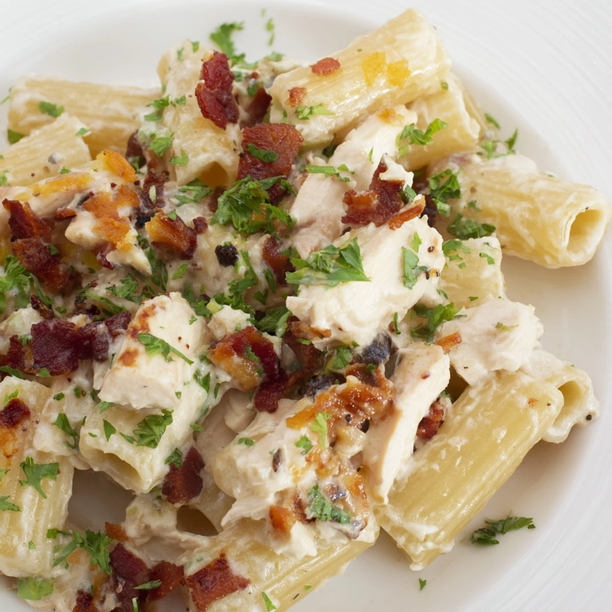 Creamy crack chicken pasta topped with crispy beef bacon and fresh green herbs in white bowl