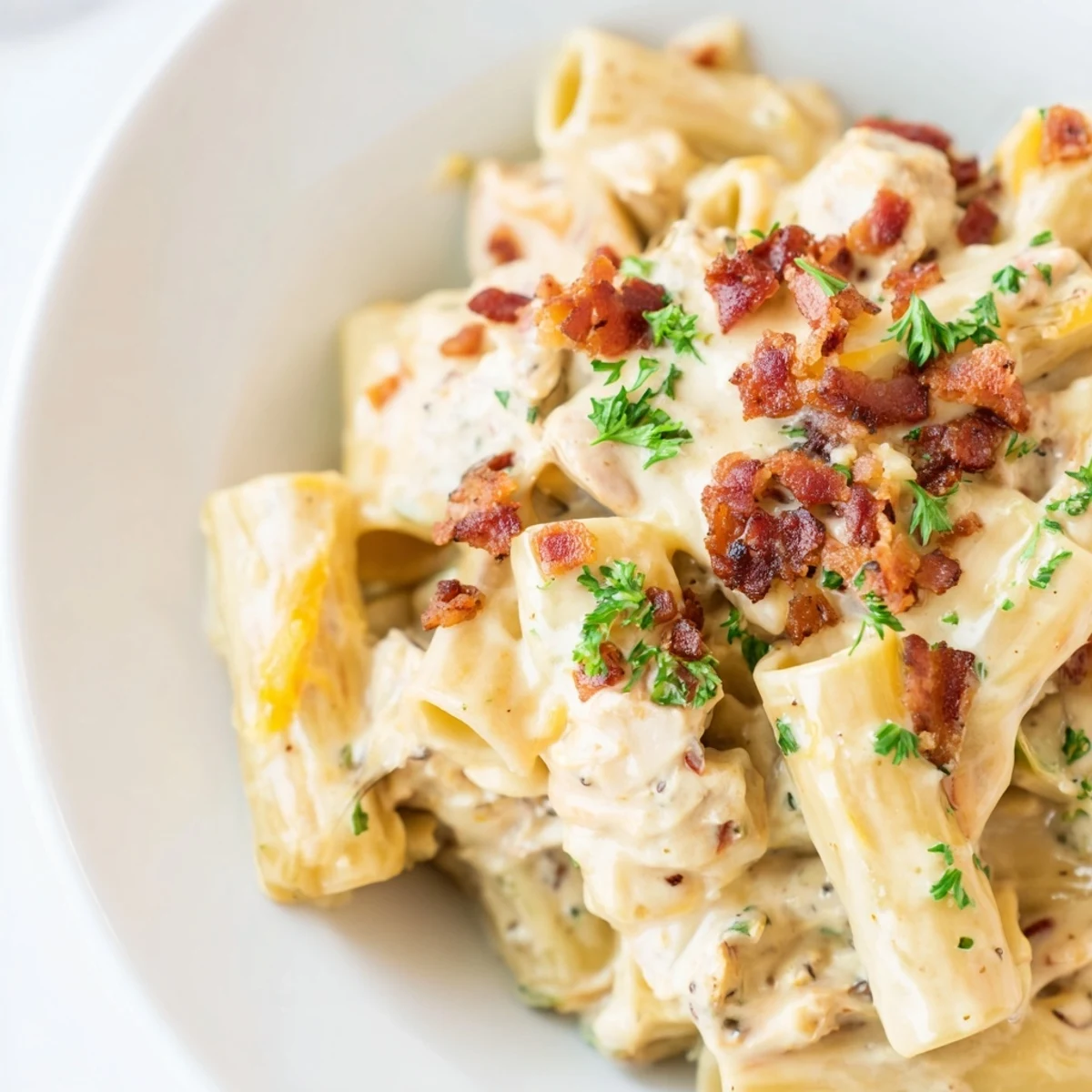 Golden penne coated in rich creamy crack chicken pasta sauce with melted cheddar and bacon bits
