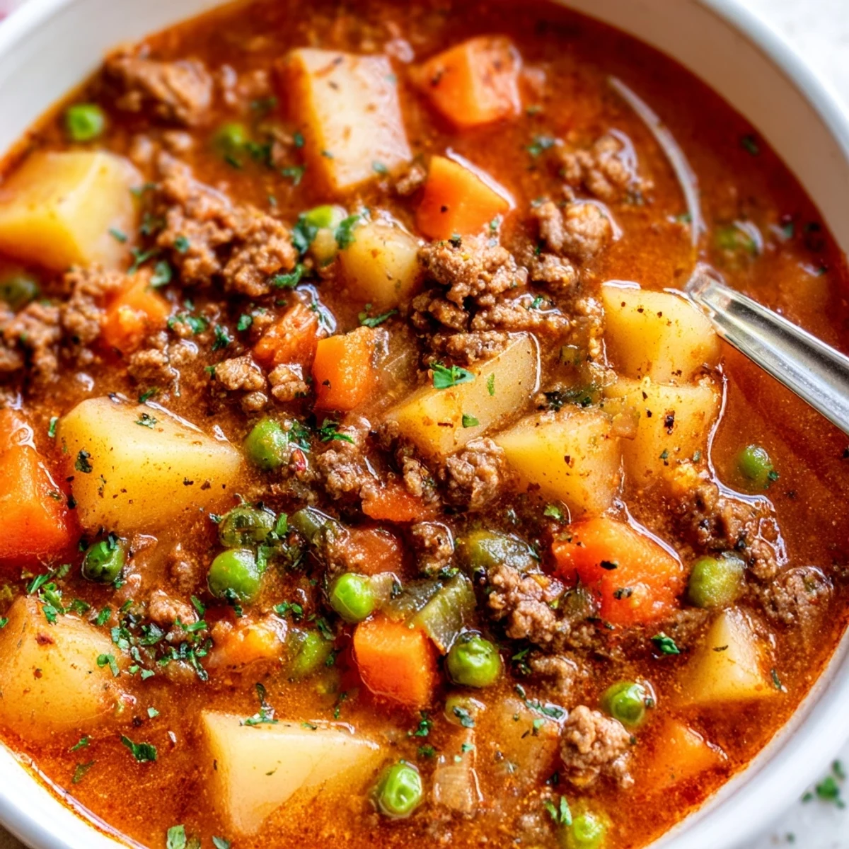 Ground beef and potato soup steaming in a rustic bowl with fresh parsley garnish