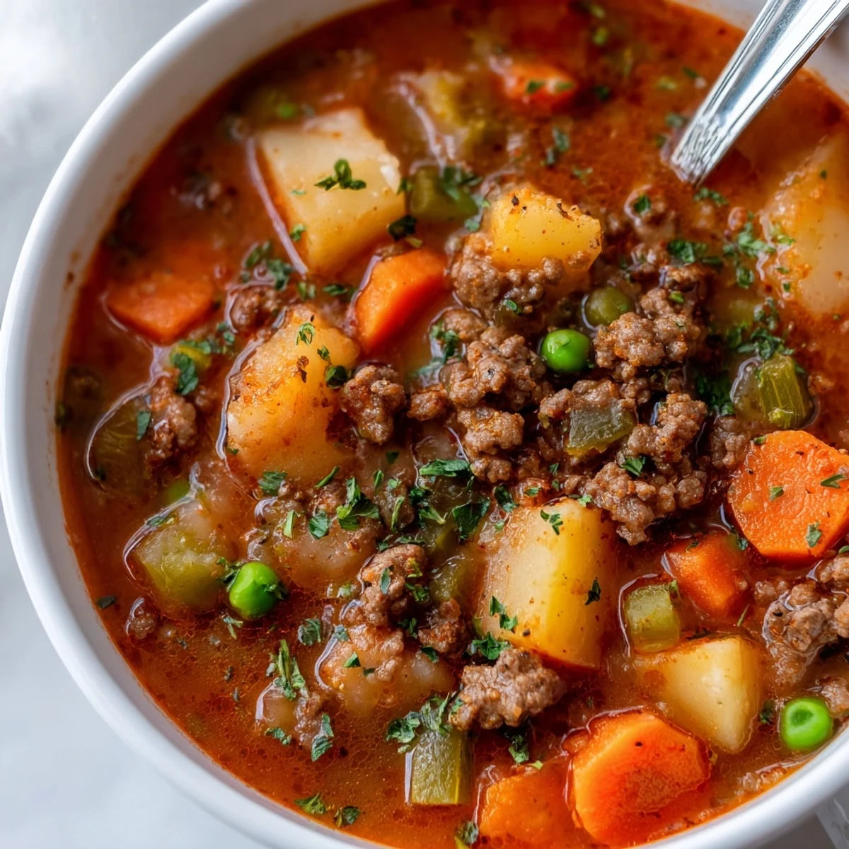Hearty ground beef and potato soup loaded with tender vegetables in savory broth
