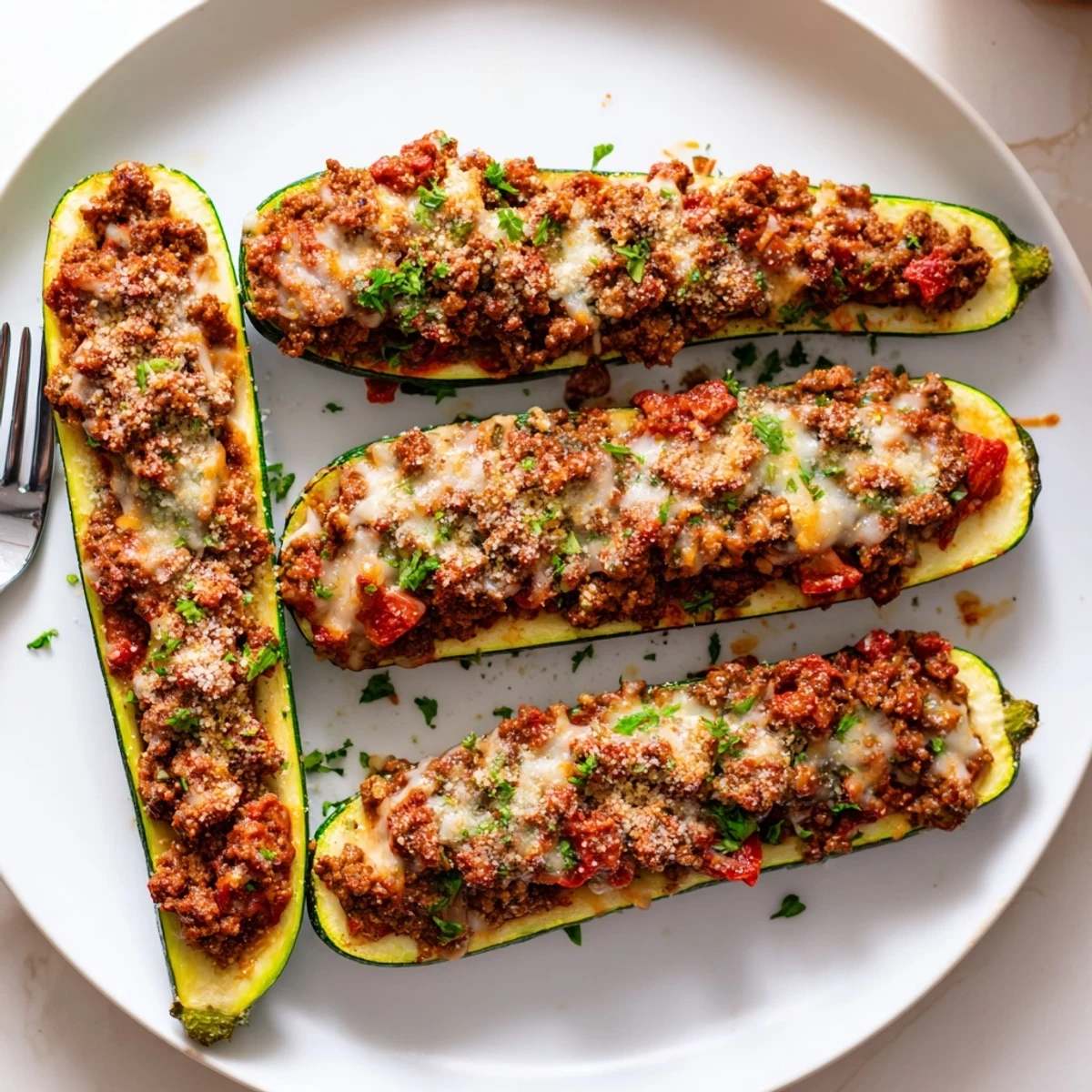 Golden baked stuffed zucchini boats with ground beef topped with bubbling melted mozzarella cheese