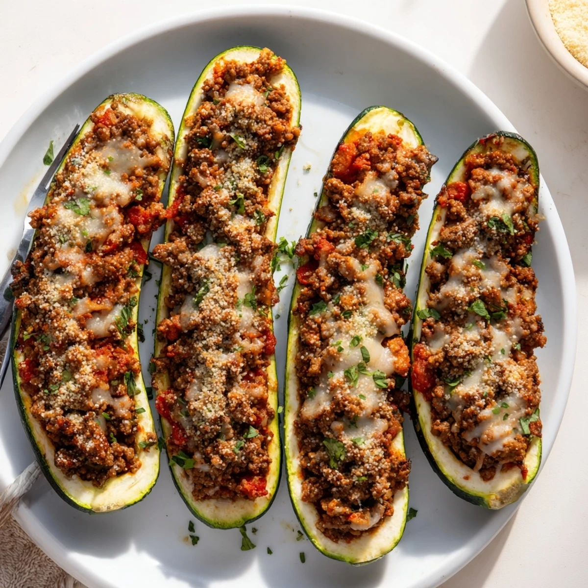 Cheesy stuffed zucchini boats with ground beef served fresh on a rustic white plate
