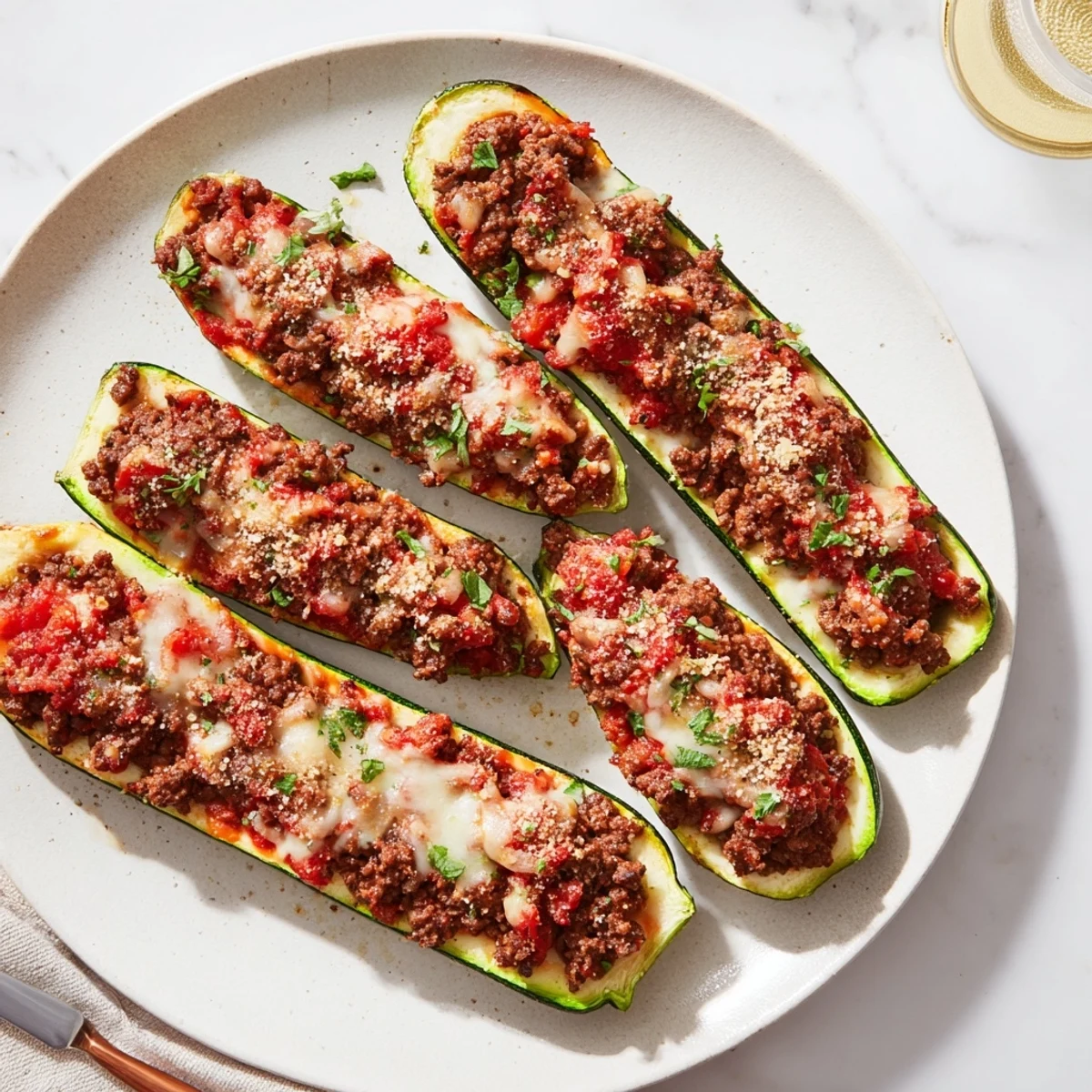 Hearty stuffed zucchini boats with ground beef garnished with parsley straight from the oven