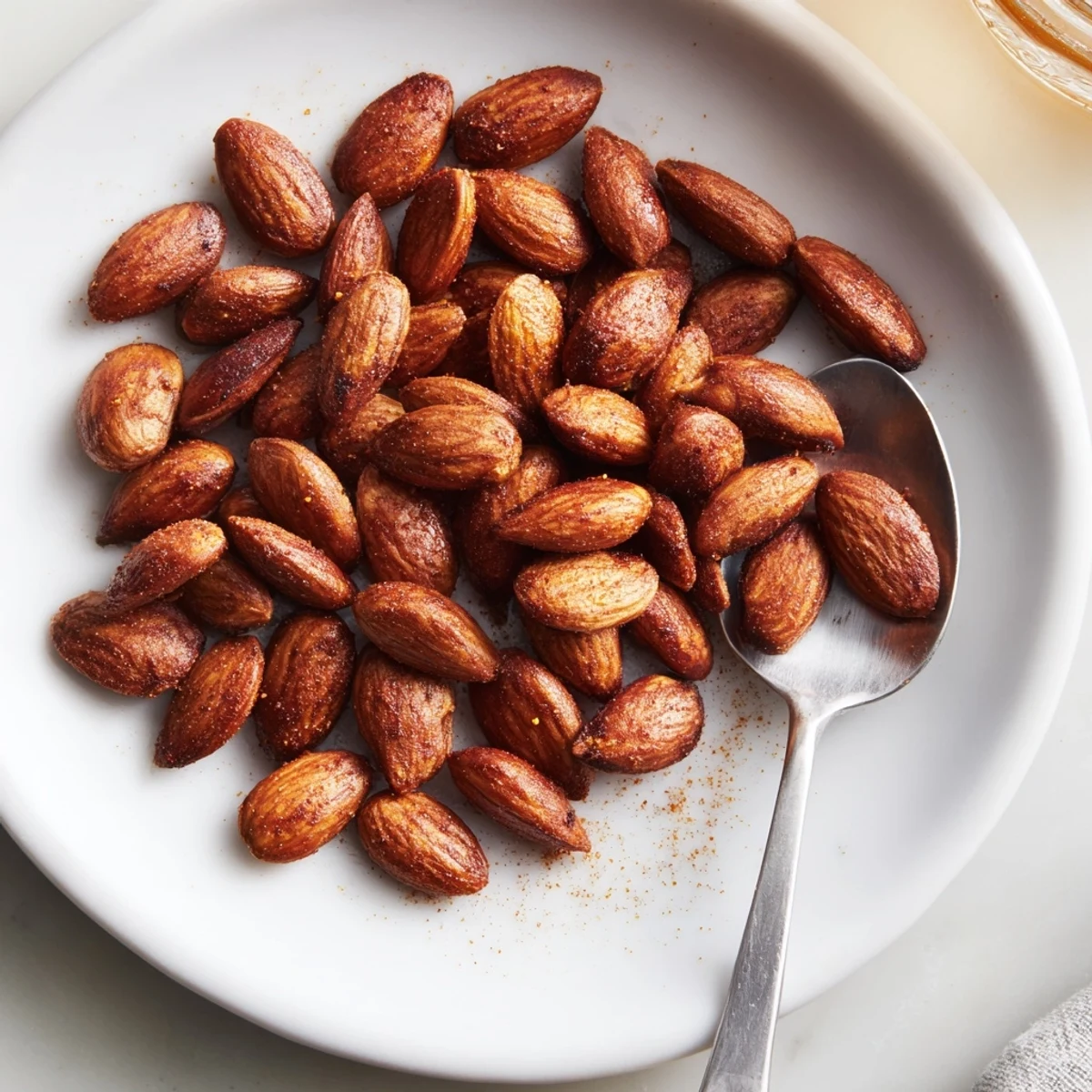 Golden roasted almonds sprinkled with sea salt in a rustic ceramic bowl