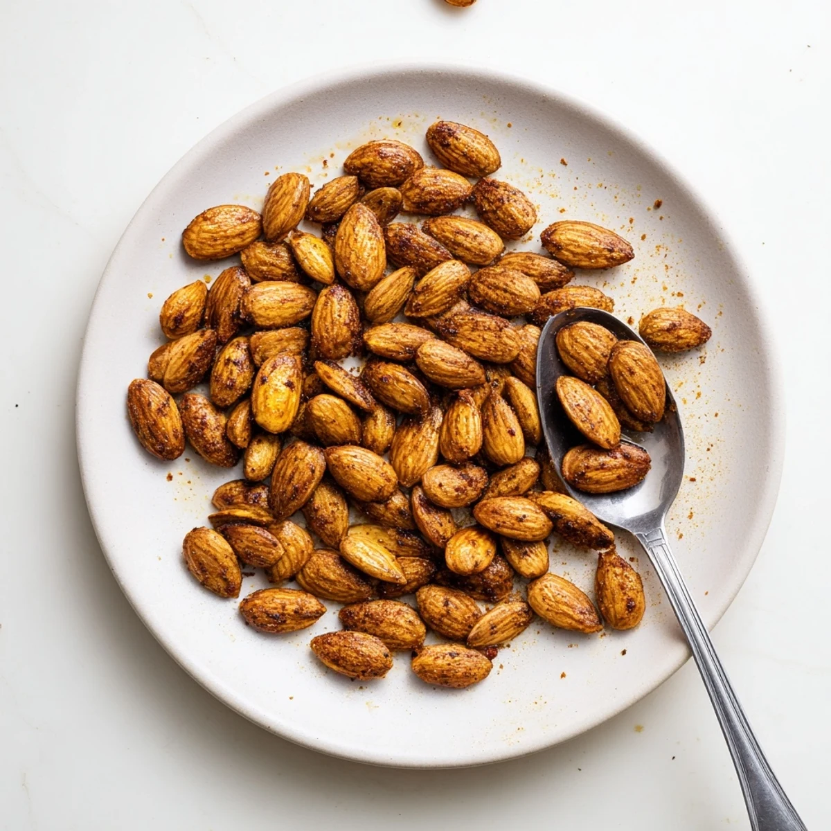 Crunchy roasted almonds coated in smoked paprika cooling on parchment paper