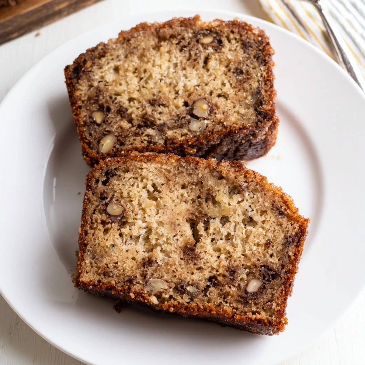 Thick-cut super moist banana bread drizzled with honey beside a steaming cup of coffee
