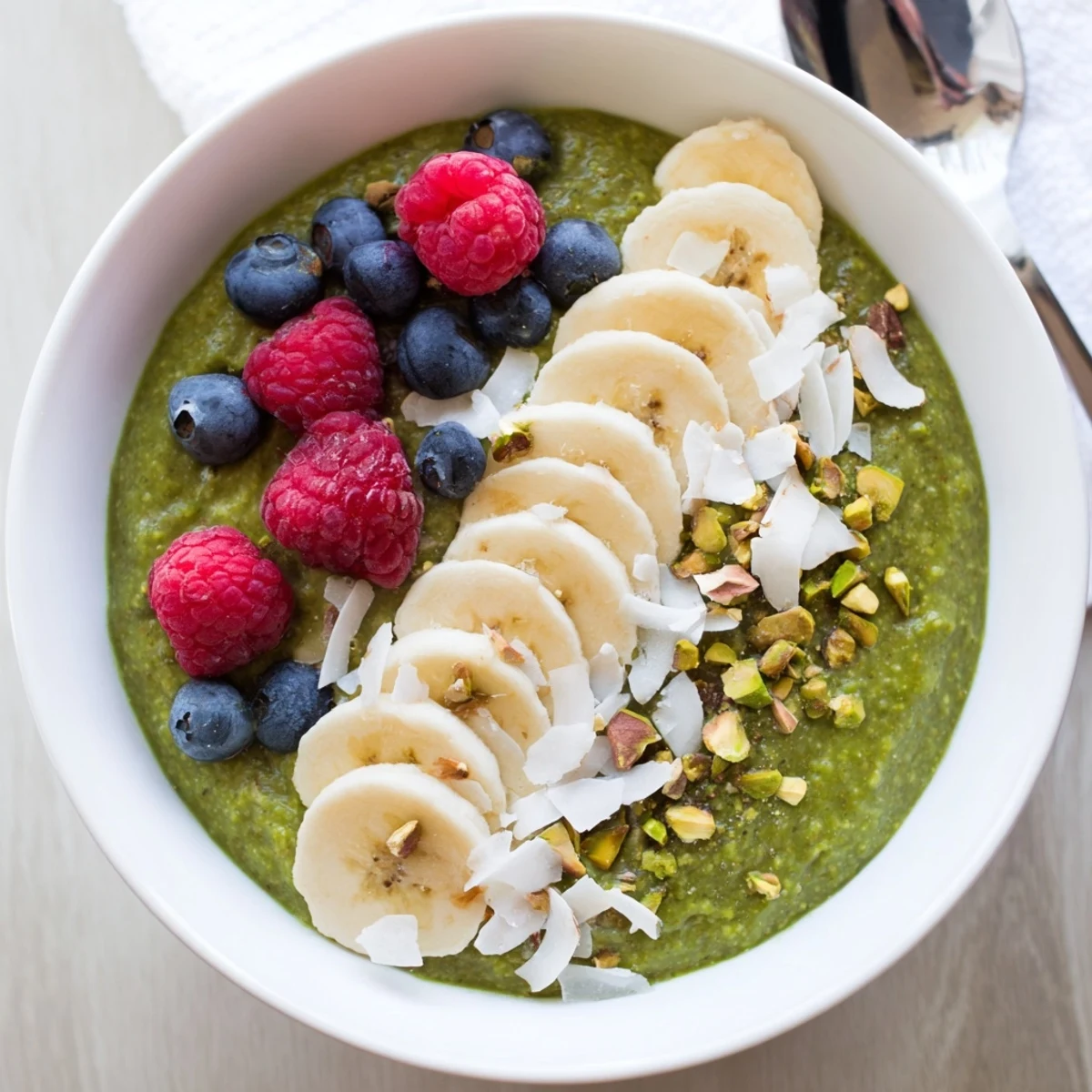Creamy matcha overnight oats topped with sliced banana and toasted coconut in a glass jar