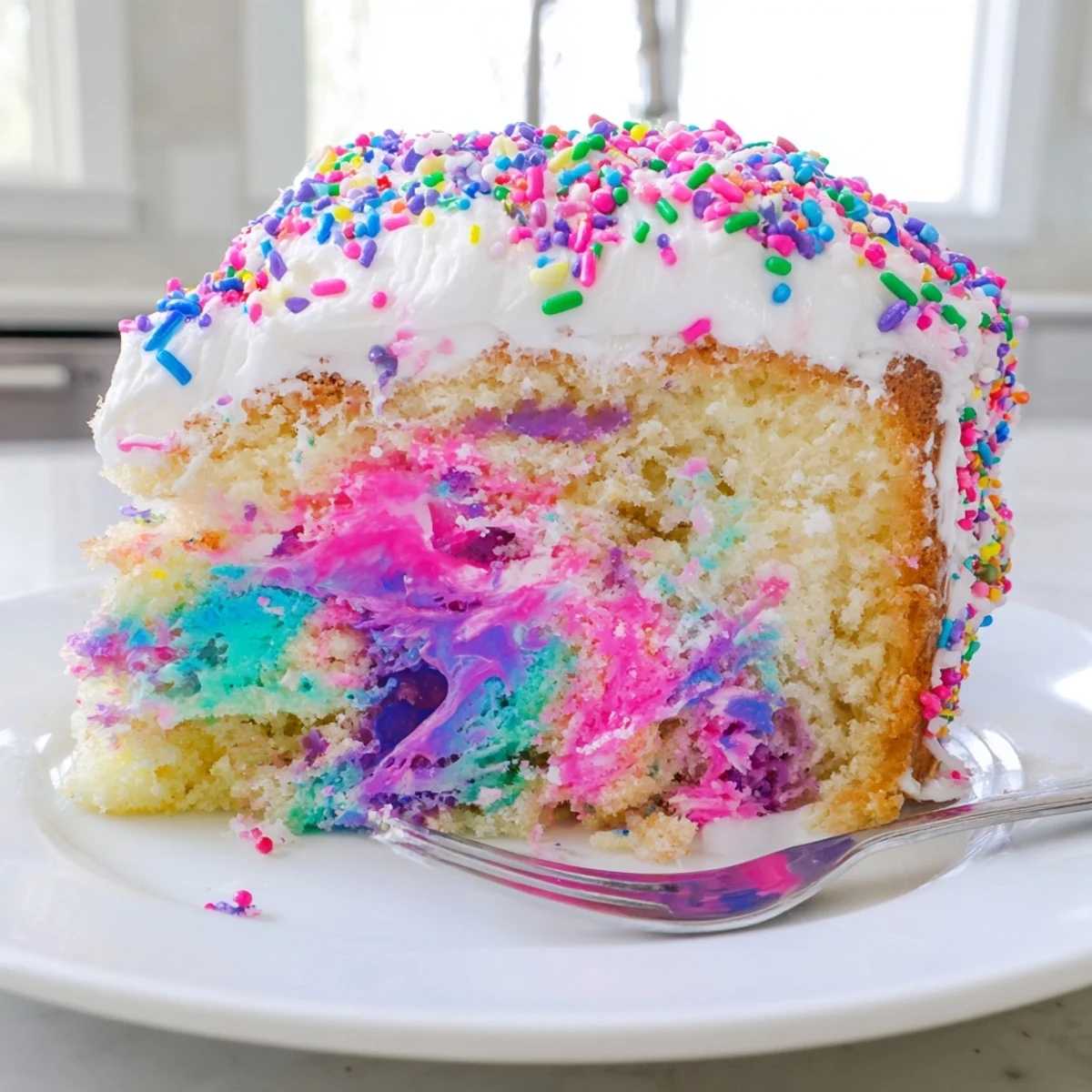 Unicorn poke cake with rainbow pudding swirls topped with fluffy whipped cream and sprinkles